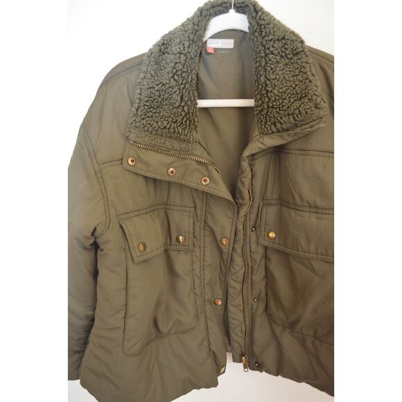 Pilcro Olive Green Cropped Puffer Jacket Sherpa Collar Size Small - Picture 5 of 8